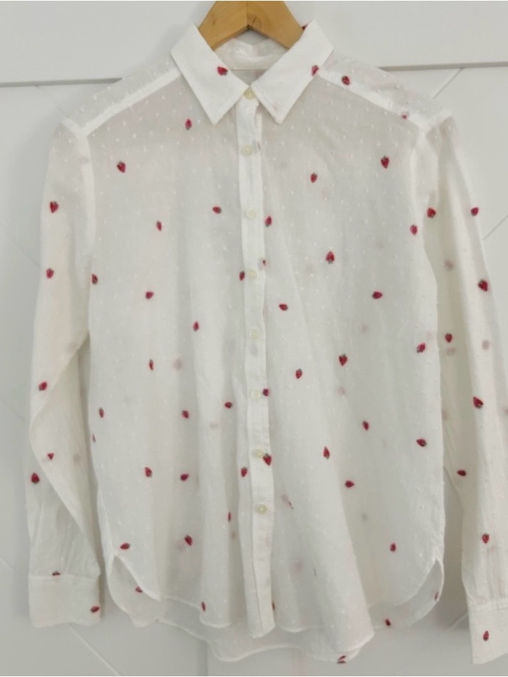 Unique Strawberry Embroidery Loft White Button Down Shirt Summer CoastalGrandma